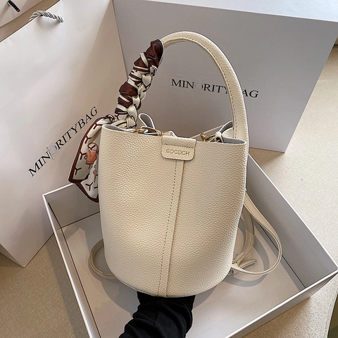 Women's Fashion Pebbled PU Leather Bucket Bag With Silk Scarf Wrap Handle Pleated Crossbody Bag Stylish Daily Handbag