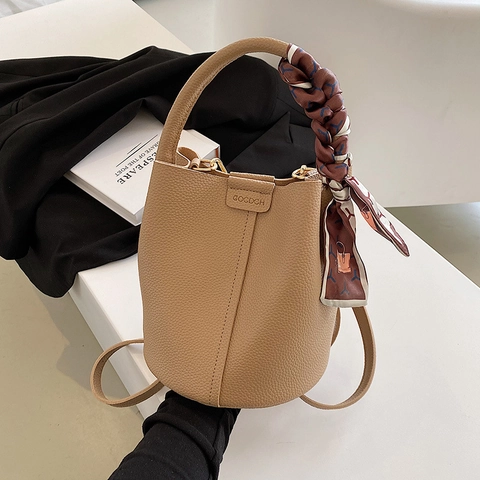 Women's Fashion Pebbled PU Leather Bucket Bag With Silk Scarf Wrap Handle Pleated Crossbody Bag Stylish Daily Handbag