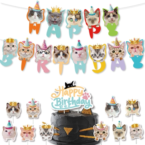 Katzen Motto Geburtstag Party Dekoration Set Meow Happy Birthday Banner Und Haustier Katze Cupcake Topper Für Dessert-Tisch