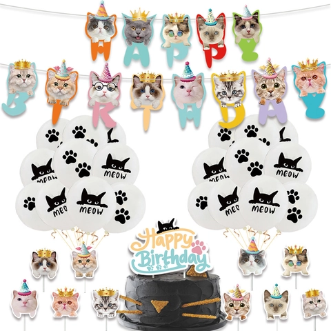 Katzen Motto Geburtstag Party Dekoration Set Meow Happy Birthday Banner Und Haustier Katze Cupcake Topper Für Dessert-Tisch