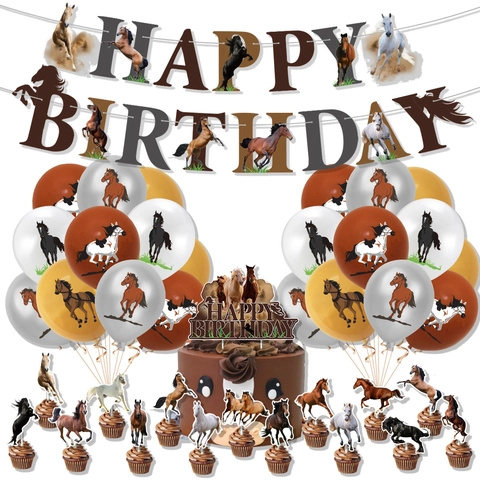 Pferd Thema Geburtstag Partydekorationen Kit Happy Birthday Banner Latex Luftballons Tortenaufsätze Cowboy Mustang Rennen Tiere Event Deko