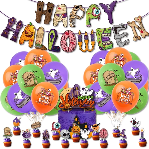 Halloween Party Decoraties Latex Ballonnen Papieren Banner Cake Toppers Achtergrond Pompoen Spook Schedel Horror Thema Ornamenten