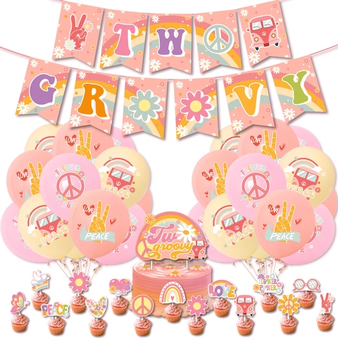 Two Groovy 2nd Birthday Party Decorations Set Latex Balloons Paper Banner Cake Toppers Pink Orange Retro Hippie Boho Supplies