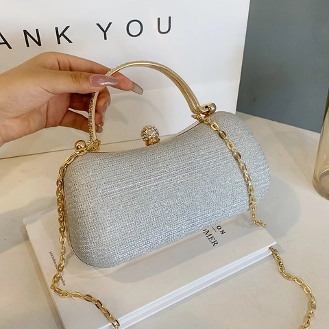 Borsa da Sera Glitterata in PVC da Donna Con Manico in Metallo Strass Pochette Con Tracolla a Catena Staccabile per Matrimonio Festa