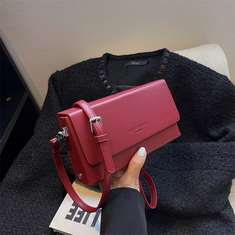 Bolso de Hombro de Cuero PU para Mujer Color Sólido Pequeño Bolso Bandolera Cuadrado Con Correa Ajustable Solapa Bolso