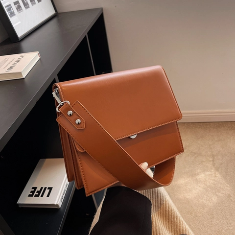 Retro PU Leather Crossbody Bag For Women Vintage Underarm Shoulder Bag With Wide Strap Solid Color Fashion Square Messenger Bag