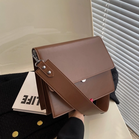 Retro PU Leather Crossbody Bag For Women Vintage Underarm Shoulder Bag With Wide Strap Solid Color Fashion Square Messenger Bag