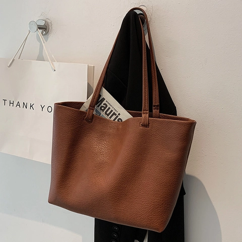 Sac Cabas Grande Capacité pour Femme en Cuir PU Souple Motif Litchi Sac à Épaule Minimaliste Décontracté pour Femme