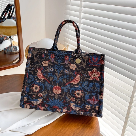 Vintage William Morris Style Jacquard Canvas Tote Bag Large Capacity Floral Bird Pattern Shoulder Bag For Women Fashion Handbag