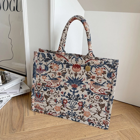 Vintage William Morris Style Jacquard Canvas Tote Bag Large Capacity Floral Bird Pattern Shoulder Bag For Women Fashion Handbag