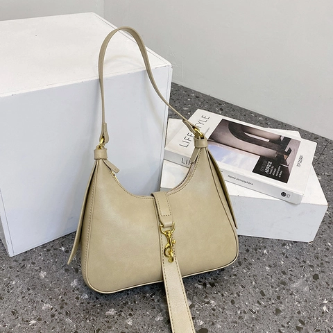 Sac Hobo Minimaliste en Cuir PU Style Français pour Femme Demi-Lune Vintage Sac Bandoulière Boucle Dorée Sac à Épaule