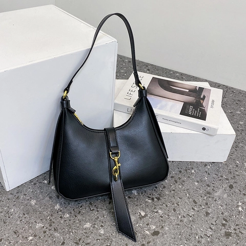 Sac Hobo Minimaliste en Cuir PU Style Français pour Femme Demi-Lune Vintage Sac Bandoulière Boucle Dorée Sac à Épaule