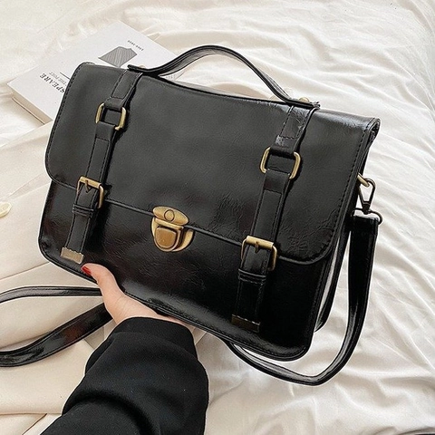 Vintage British Style Women PU Leather Messenger Bag Retro Solid Color Shoulder Bag With Buckle Strap Handbag For Daily School