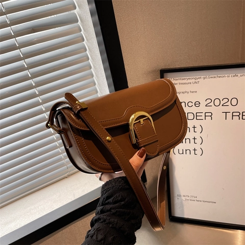 Bolso de Hombro de Cuero PU Vintage para Mujer Hebilla de Herradura Dorada Correa Ajustable Color Sólido Bolso de Mensajero