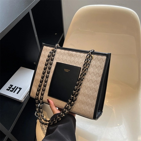 Bolso Tote de Gran Capacidad para Mujer Moda Patrón de Rombos Acolchado Color de Contraste Bolso de Hombro de Cuero PU Con Correa de Cadena