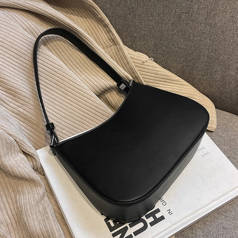 Women Vintage PU Leather Underarm Bag Minimalist Half Moon Shoulder Bag Solid Color Stitching Retro Daily Handbag For Ladies
