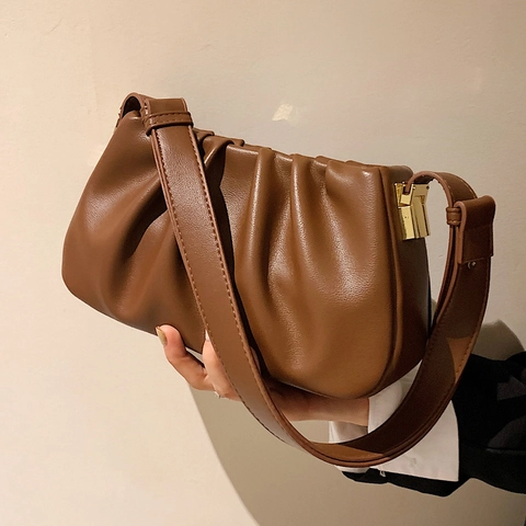 Borsa Sotto l'Ascella da Donna Increspata in Pelle PU Borsa a Tracolla Plissettata Semplice Stile Nuvola Con Chiusura in Metallo