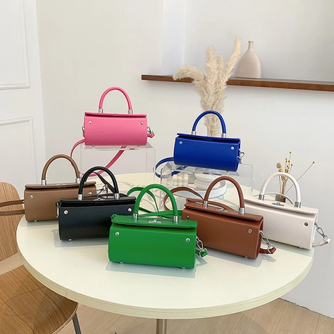 Bolso de Mano Cilíndrico de Cuero PU para Mujer Color Sólido Bolso de Hombro Bandolera Con Cierre de Metal Bolso Elegante Diario