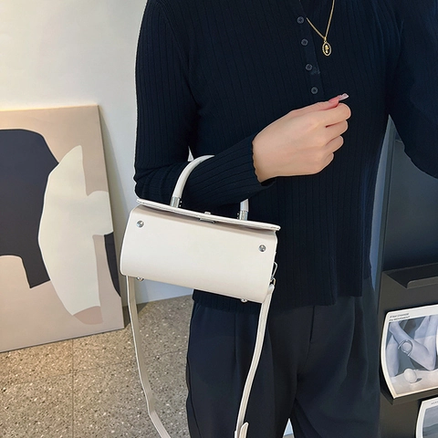 Bolso de Mano Cilíndrico de Cuero PU para Mujer Color Sólido Bolso de Hombro Bandolera Con Cierre de Metal Bolso Elegante Diario