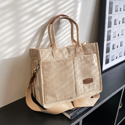 Große Kapazität Cord Tragetasche Casual Umhängetasche PU Leder Griff Doppel Taschen Verstellbarer Gurt Damen Handtasche