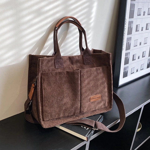 Große Kapazität Cord Tragetasche Casual Umhängetasche PU Leder Griff Doppel Taschen Verstellbarer Gurt Damen Handtasche