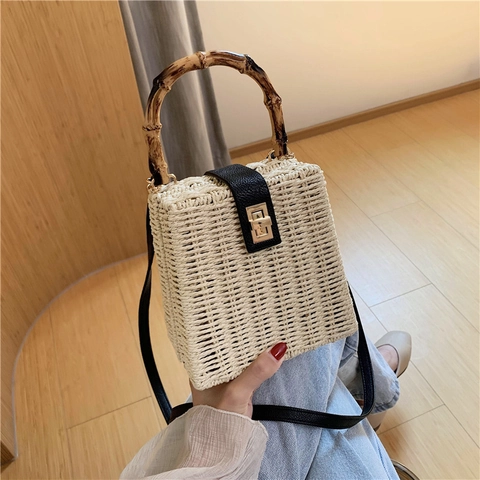 Damen Stroh Handtasche Mit Natürlichem Bambusgriff Mode Umhängetasche Sommer Strand Urlaub Täglich Quadratische Tasche