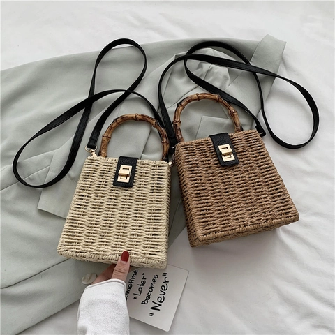 Damen Stroh Handtasche Mit Natürlichem Bambusgriff Mode Umhängetasche Sommer Strand Urlaub Täglich Quadratische Tasche
