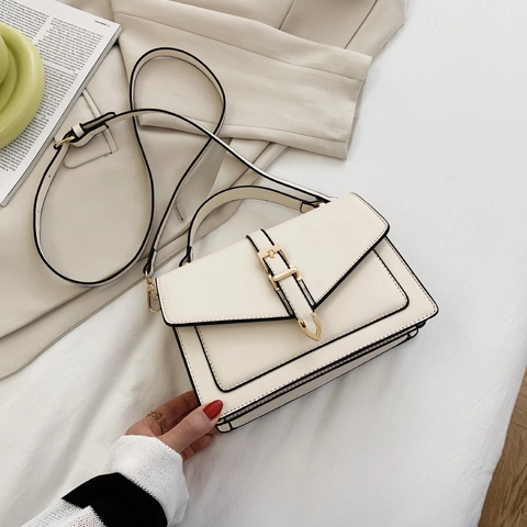 Borsa Donna alla Moda a Tracolla in Pelle PU Fibbia Dorata Bordo a Contrasto Borsa a Mano Piccola Quadrata Versatile a Spalla