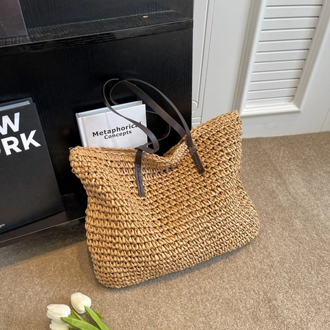 Large Capacity Straw Woven Tote Bag Women Casual Summer Beach Shoulder Bag Zipper Closure Durable Woven Vacation Handbag