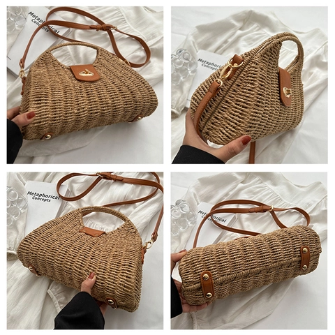 Damen Mode Strohgeflecht Handtasche Kontrastfarbe PU Leder Schulter Umhängetasche Große Kapazität Eimer Tasche Urlaubstasche