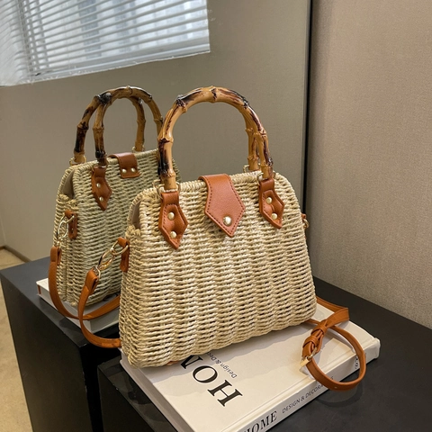 Women's Retro Straw Woven Handbag With Bamboo Handle Summer Beach Shoulder Bag Casual Crossbody Bag Small Weaving Square Tote