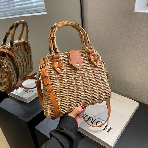 Women's Retro Straw Woven Handbag With Bamboo Handle Summer Beach Shoulder Bag Casual Crossbody Bag Small Weaving Square Tote