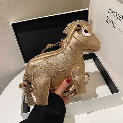 Borsa a Tracolla Trendy a Forma di Cavallo per Donna Carina Borsa a Spalla in Pelle PU Animale Cartone Animato con Nappina