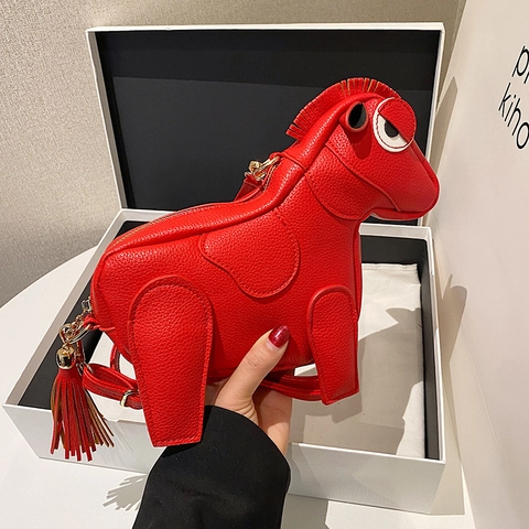 Borsa a Tracolla Trendy a Forma di Cavallo per Donna Carina Borsa a Spalla in Pelle PU Animale Cartone Animato con Nappina