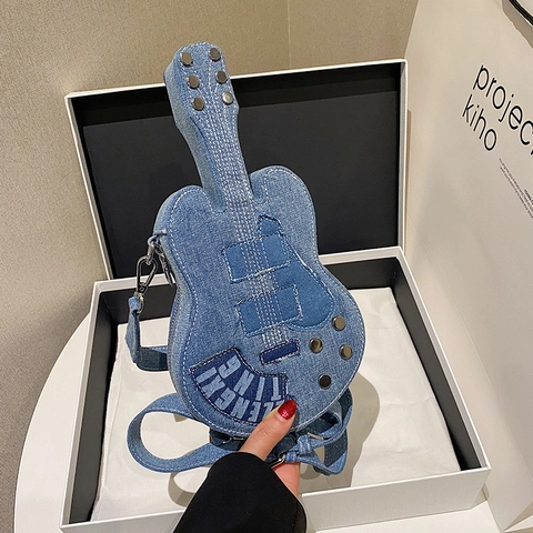 Creative Denim Guitar Shaped Shoulder Bag For Women Vintage Washable Denim Crossbody Bag With Rivets Small Square Bag