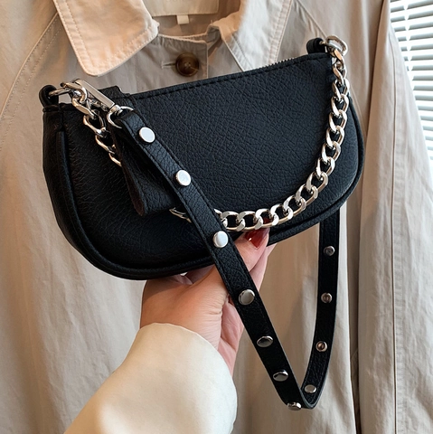 Bolso de Axila de Cuero PU Retro Patrón de Lichi para Mujer Cadena de Metal Plateado Correa con Remaches Bolso de Hombro