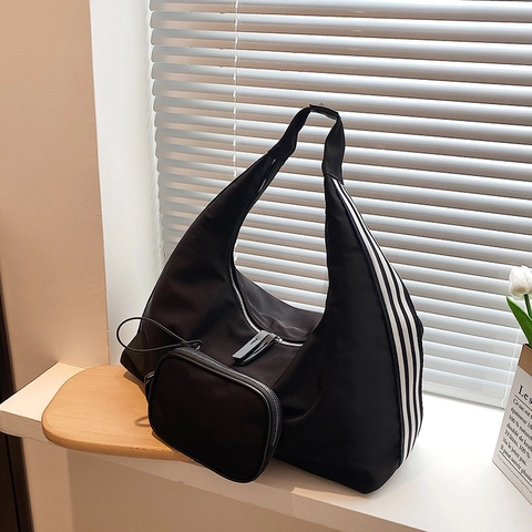 Women's Casual Nylon Large Capacity Hobo Bag Striped Design Underarm Shoulder Bag With Matching Pouch Set For Commuting