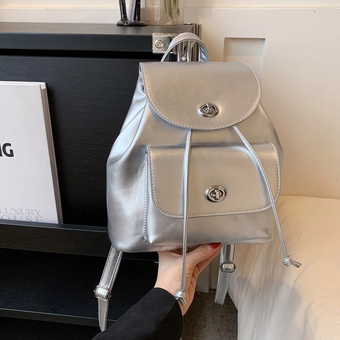 Fashion Women PU Leather Backpack Korean Style Large Capacity Turnlock Stitching Small Travel Commuting Bag Solid Color