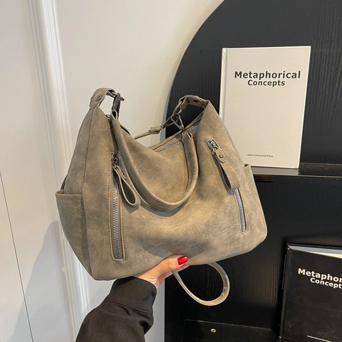 Retro PU Leder Damen Umhängetasche Große Kapazität Umhängetasche Tote Mit Doppel-Reißverschlüssen Street Style Freizeit Handtasche