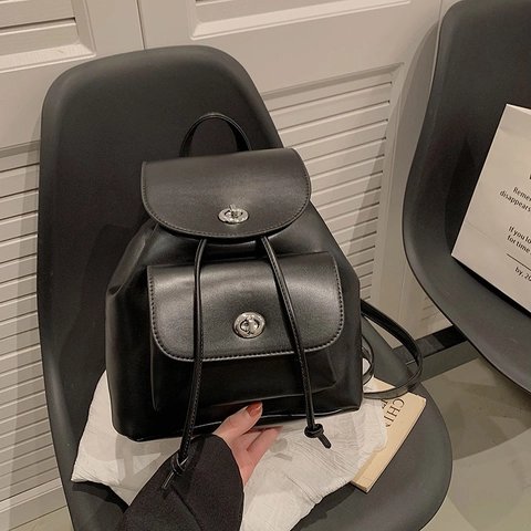 Fashion Women PU Leather Backpack Korean Style Large Capacity Turnlock Stitching Small Travel Commuting Bag Solid Color