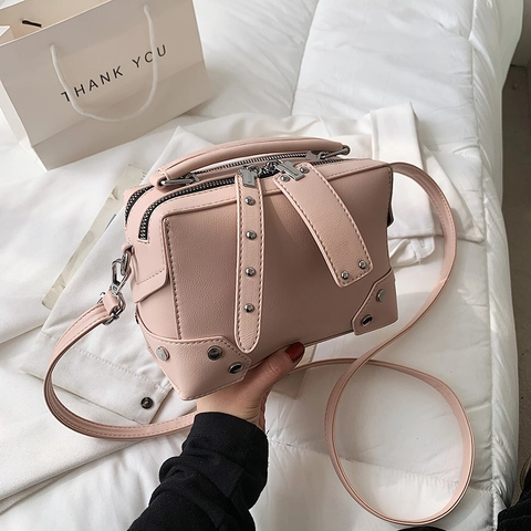 Women Fashion Rivet PU Leather Crossbody Bag Vintage Solid Color Square Box Tote Handbag Metal Zipper Shoulder Bag