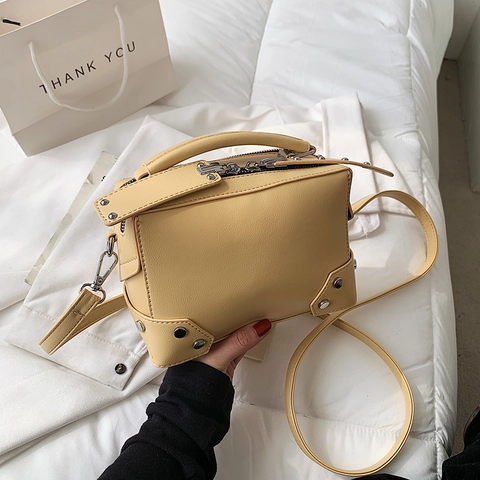 Women Fashion Rivet PU Leather Crossbody Bag Vintage Solid Color Square Box Tote Handbag Metal Zipper Shoulder Bag