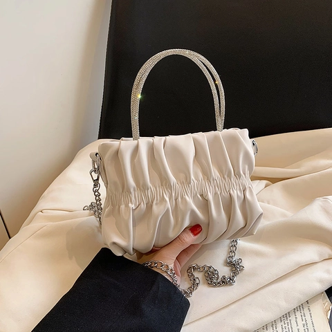 Sac Nuage Plissé Élégant pour Femme avec Poignée en Strass Sac à Main en Cuir PU Foncé avec Bandoulière Chaîne Soirée