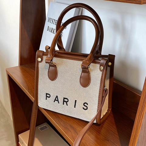 Borsa Tote in Tela con Stampa Paris da Donna Grande Capacità Borsa a Mano in Pelle a Giunzione Moda Pendolarismo Quotidiano Borsa a Tracolla Retrò