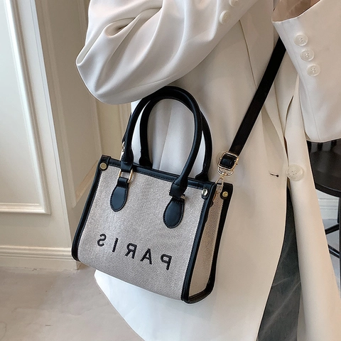 Borsa Tote in Tela con Stampa Paris da Donna Grande Capacità Borsa a Mano in Pelle a Giunzione Moda Pendolarismo Quotidiano Borsa a Tracolla Retrò