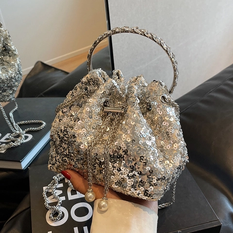 Elegante Borsa a Secchiello con Paillettes per Donna Manico in Metallo con Strass Coulisse Borsa Decorazione Perle Catena Tracolla Borsa da Sera
