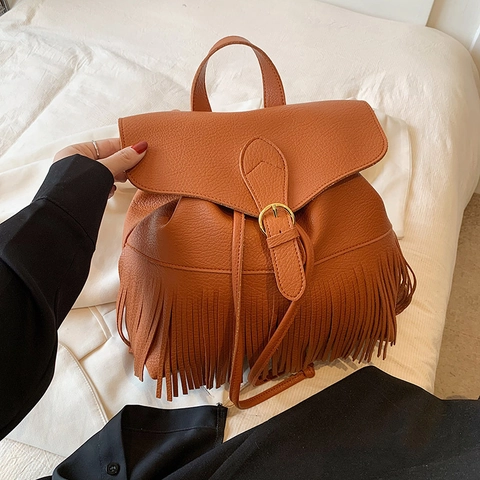 Women Bohemian Tassel Backpack PU Leather Lychee Texture Large Capacity Travel Bag With Drawstring Flap Lock For Daily Fashion