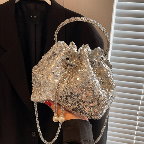 Elegante Borsa a Secchiello con Paillettes per Donna Manico in Metallo con Strass Coulisse Borsa Decorazione Perle Catena Tracolla Borsa da Sera