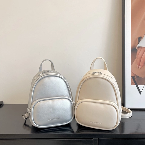 Fashion Mini PU Leather Backpack For Women Minimalist Solid Color Small Travel Bag Stylish Metallic Texture Daily Shoulder Bag