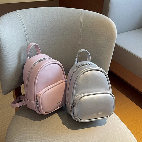 Fashion Mini PU Leather Backpack For Women Minimalist Solid Color Small Travel Bag Stylish Metallic Texture Daily Shoulder Bag